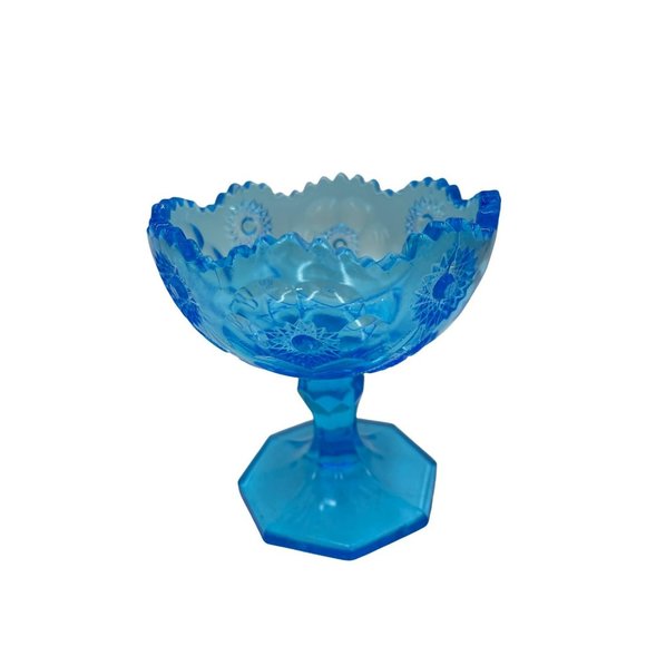 Vintage Kemple Glass Azure Blue Flower and Garland 5" Compote Sawtooth Octagon B - Picture 1 of 7